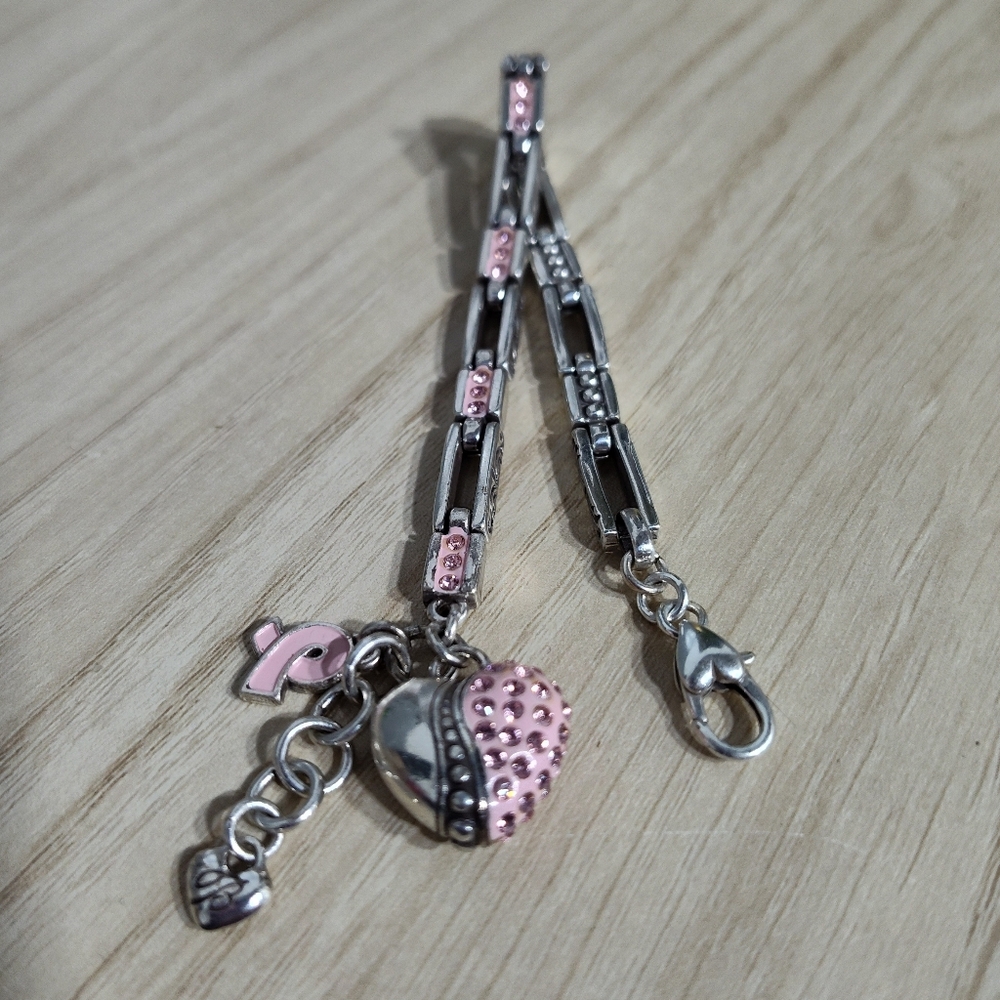 Brighton Cancer Awareness Silver Plated W/Rhinestones And Pink Enamel Bracelet